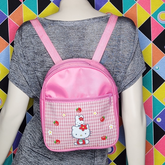 1998 Hello Kitty Pink Mini Backpack 90s Sanrio Plaid Strawberry - Picture 1 of 8